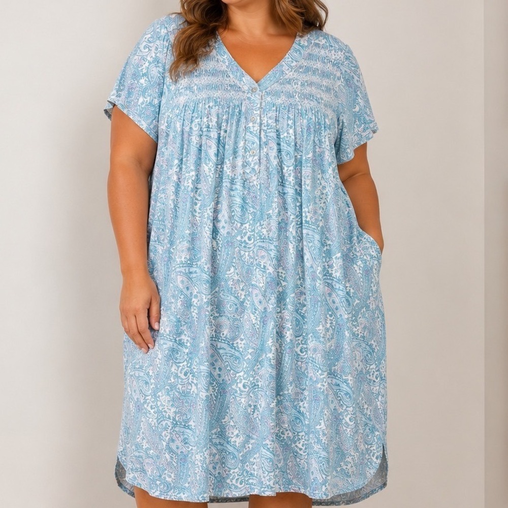 Miss Elaine XL Paisley Nightgown Cotton Blend Smocked Cottage Blue Sleep Dress